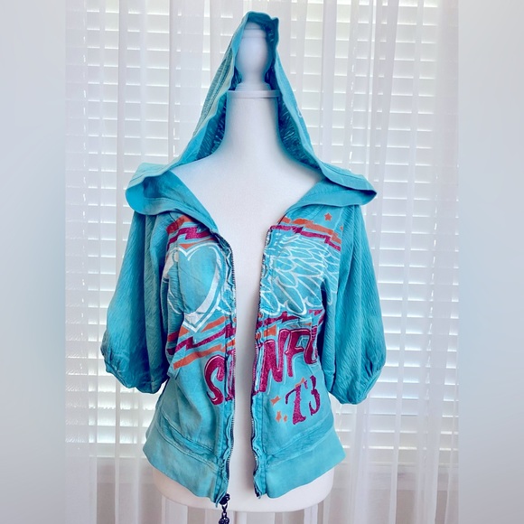 NWOT SINFUL by AFFLICTION ZIP UP HOODIE BUBBLE HALF SLEEVES CASUAL BLUE SZ SMALL - Picture 4 of 6